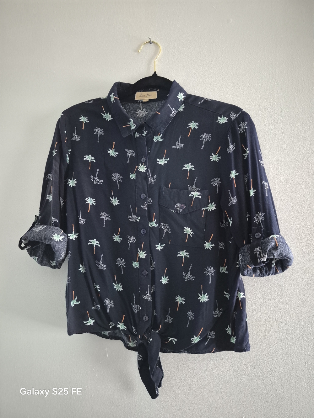 Love Notes Navy Button-Up Crop Top with Mint Palm Print
